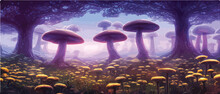 Surreal Mushroom Landscapes, Fantasy Wonderland Landscape With Moon Mushrooms. Vector Illustration. Dreamy Fantasy Mushrooms In A Magical Forest. Banner Illustration