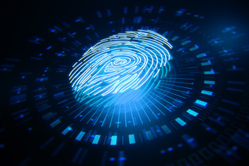 Aufkleber - Cyber security and personal computing access with perspective view on digital human illuminated fingerprint in form of bottom on abstract dark technological background. 3D rendering