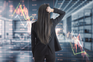 Sticker - Back view of stressed young european female standing in blurry office interior with falling red index candlestick graph. Crisis, market fall, recession and money loss concept. Double exposure.