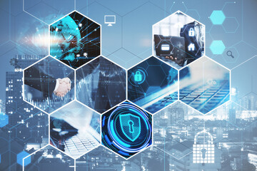 Poster - Creative business hexagons with different digital work concepts on blurry city Abackground. Double exposure.