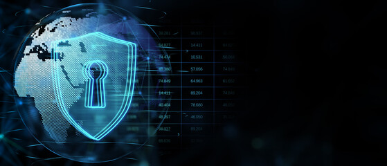 Cyber security and global protection concept with digital keyhole in blue shield on dark technological background with world map globe, binary code and blank space. 3D rendering, mockup