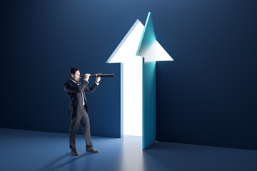 business success and growth concept with man in suit using spyglass looking at door hole in form of 