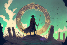 Illustration Of The Wizard Holds His Wand Standing At The Huge Circle Gate, Digital Art Style, Illustration Painting
