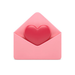 Poster - Open pink envelope with red heart romantic message dating application notification 3d icon vector