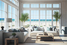 Large Living Room With A Sea View In A Lavish Summer Beach Home, Modern Furniture. Interior Of A Holiday House Or Villa - Generative Ai