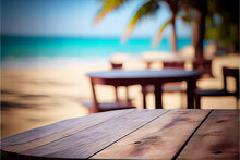 Beachside Cafe, Beach Travel Resort Image Of Table And Chairs With A Bokeh Background, Tabletop Display. Generative AI