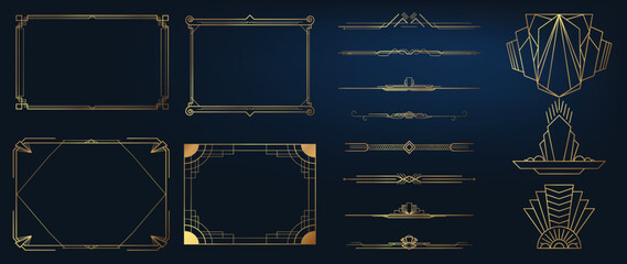 Fototapete - collection of geometric art deco ornament. luxury golden decorative elements with different lines, f