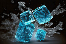 Transparent Blue Ice Cubes Thrown At Each Other On Dark Background