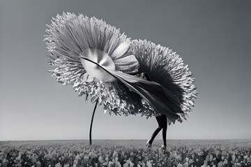 Black and withe scene of two giant flowers with a woman hiding behind one of them with a grey background with copy space, generative ai