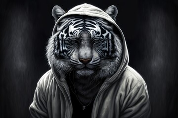 Cool animals in hoodies and sunglasses white tiger