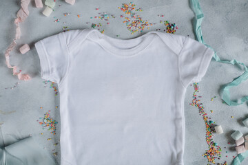 Wall Mural - baby clothes mockup, newborn bodysuit mockup, white color bodysuit on a gray background