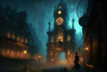 Steampunk City At Night, Generative AI