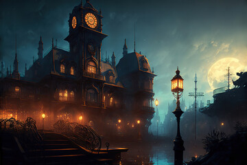 Wall Mural - steampunk town hall by the river at night, Generative AI