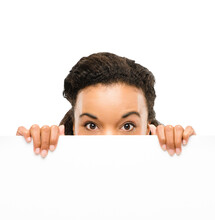 PNG Shot Of A Young Businesswoman Peeking Out From Behind A Placard