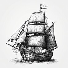 Antique Ship. Ship Sailing Yacht Boat Antique, Vintage, Black Ink Hand Drawing. Vector Illustration. Generative AI