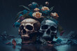Skull on the ground, beautiful flowers growing around the skull With Generative AI