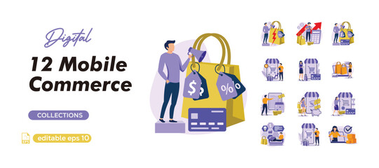 Wall Mural - Mobile commerce concept set. Buyers make purchases in app, smart online shopping. People isolated scenes in flat design. business flat bundle illustration