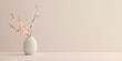 Sakura cherry blossom branch in ceramic vase on table. Beige wall background. Front view place for text, copy space, empty space. Generative AI