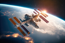 ISS Space Station With Planet Earth, Sun - Illustration - AI Generated