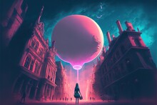 A Girl With Glowing Beautiful Balloons In A Night City