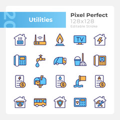 Canvas Print - Public utilities pixel perfect RGB color icons set. Water, gas and electricity supply. House heating system. Isolated vector illustrations. Simple filled line drawings collection. Editable stroke