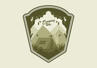 Poster - Colorful flat illustration of outdoor camping in the forest with mountain view