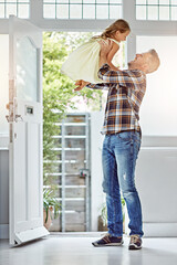 Canvas Print - Father, lift and girl child in home for game, love and bonding in summer for play, care or growth. Man, female kid and happiness with fun, smile and funny time in family home while excited for future