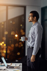 Aufkleber - Coffee, night and businessman thinking of an email on a laptop, planning and working in an office. Idea, deadline and employee with a tea drink and a computer for a proposal during overtime at work