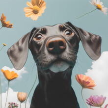 Collage Of A Black Dog With Flowers, Aesthetic Art Illustration Collage Muted Colors, Generative Ai
