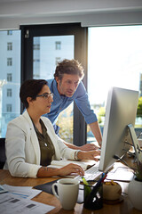 Aufkleber - Business, computer collaboration and talking office worker people with web ux data. Work conversation, business people and corporate marketing employee planning a digital strategy with teamwork