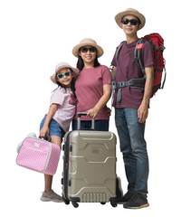 Wall Mural - Family Travel Concept, Full body Happy asian family vacation, Father, mother and little daughter carrying suitcases ready for vacation trip, isolated background