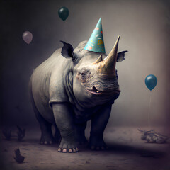 rhinoceros wearing a birthday party hat with balloons, generative ai