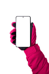 Fototapete - Woman hand with glove holding smart phone in front vertical position. Isolated display and background for mockup