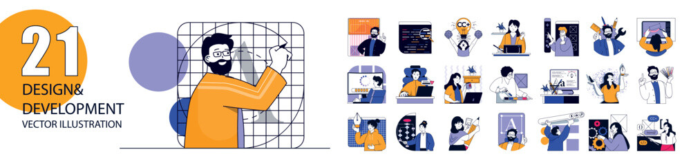 Poster - Design and development concept with character situations collection. Bundle of scenes people of making programs and software, coding, seo and digital marketing. Vector illustrations in flat web design