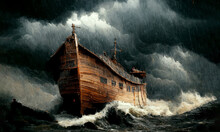 Noah's Ark In A Stormy Sea Painting. Generative AI Illustration