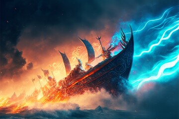Wall Mural - Viking ship at the open sea in the middle of an epic fight, while airplanes constantly attack it, and everything is exploding, meanwhile giant waves hit the side of the ship