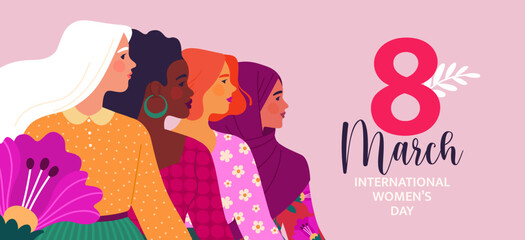 Wall Mural - March 8 banner. Vector illustration in cartoon flat style of four women's portraits of different races and nationalities in bright multi-colored clothes. Isolated on light pink background
