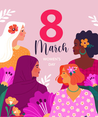 Wall Mural - March 8 greeting card concept. Vector cartoon illustration in a modern flat style of four diverse women's portraits in profile with flowers. Isolated on light pink background