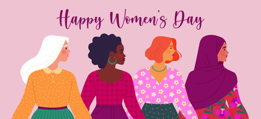 Wall Mural - Happy Women's Day banner. Vector illustration in cartoon flat style of four women's portraits of different races and nationalities in bright multi-colored clothes. Isolated on light pink background