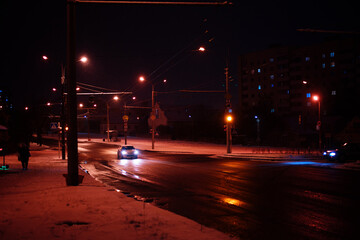 A night road in the residential district of the city