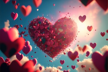 Poster - Pink and red hearts in the sky on valentine's day. heart ballons. heart. valentine's day. Generative AI