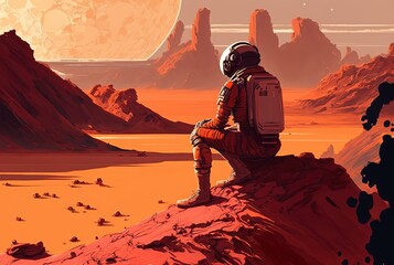 Wall Mural - illustration of a spaceman in spacesuit sitting on dirt ground dry drought atmosphere around generat