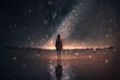 one person walking on beach under starry sky , idea of some time in your life journey it's wet cold and  dark but some flicker light of happiness will guild you on the way, Generative Ai