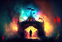 A Man Stand At The Circus Tent Entrance,  Creepy Circus In Hellish Atmosphere, Generative Ai