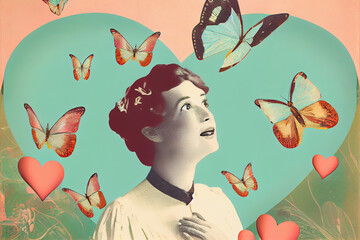 Sticker - Valentines Day concept with young girl with heart and butterflies around, illustration