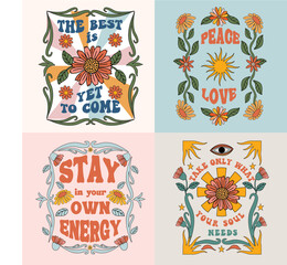 set of 4 retro illustration with flowers and positive slogan. boho graphics perfect for t-shirt prin