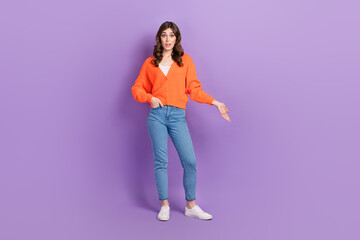 Sticker - Full body photo of young dissatisfied confused woman wearing stylish outfit problems misunderstanding isolated on purple color background