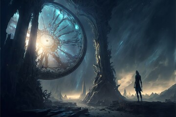 Wall Mural - Time and space wanderer exploring a newly discovered cicrle artifact in a dimension very far, that has a spectacular view with cinematic moments