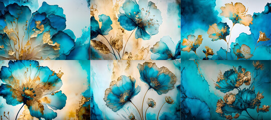 blue gold flower watercolor background, painting collection, illustration generative ai 