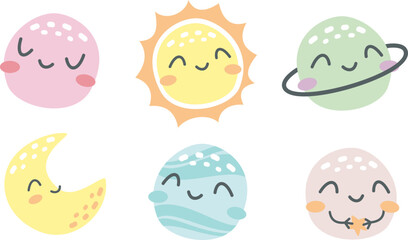 Wall Mural - Vector collection of cute planets with faces. Moon, Mercury, Pluto, Crescent Moon. Illustrations for children's products 